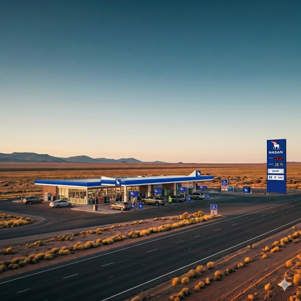 Nasan Energies station forecourt at golden hour.